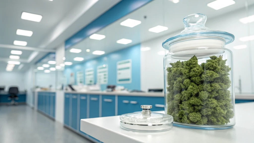 Professional pharmacy laboratory with medicinal cannabis flowers in a glass jar, clean medical environment.