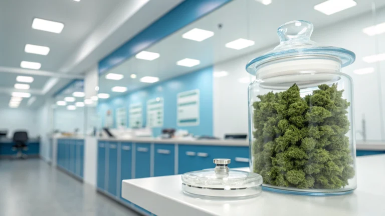 Professional pharmacy laboratory with medicinal cannabis flowers in a glass jar, clean medical environment.